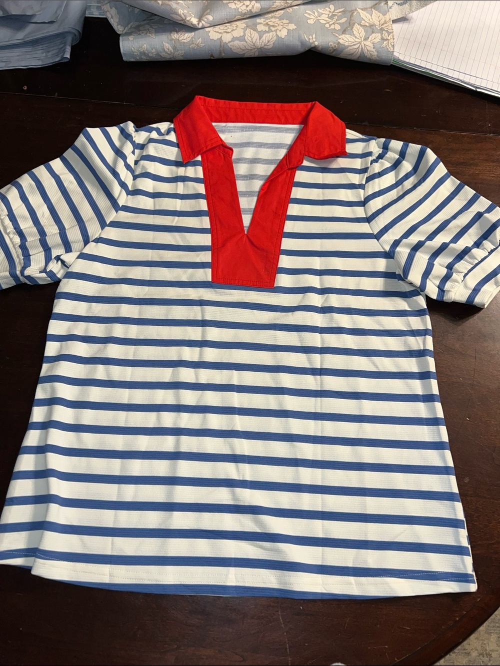 Amazon Blue & White Striped Polo with Red Placket